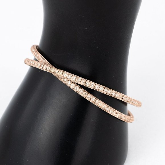 Cuff Bracelet Crossing Rose Gold Tone Mesh Over Rhinestone Memory Wire Flexible - Picture 1 of 4